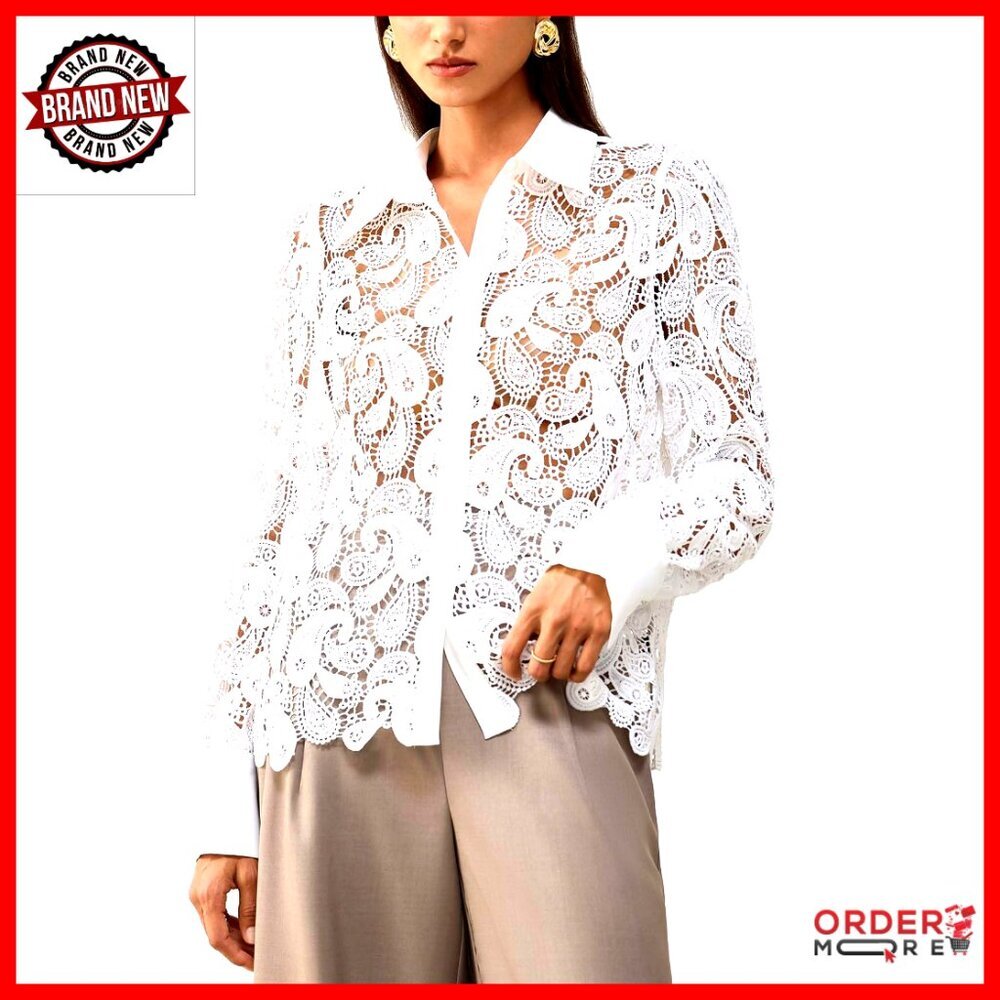 Cutout Mesh Lace Button Blouse Long Sleeve Business Casual Top